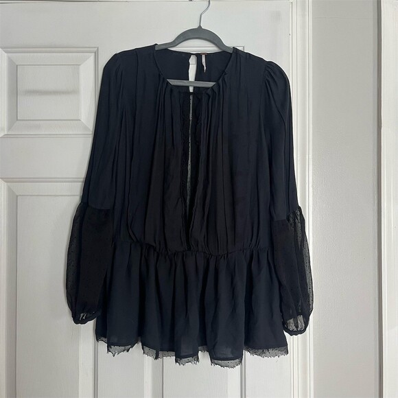 Chloé Tops - Free People Blouse Womens XS Black Sheer Swiss Dot Long Sleeve Peplum Boho